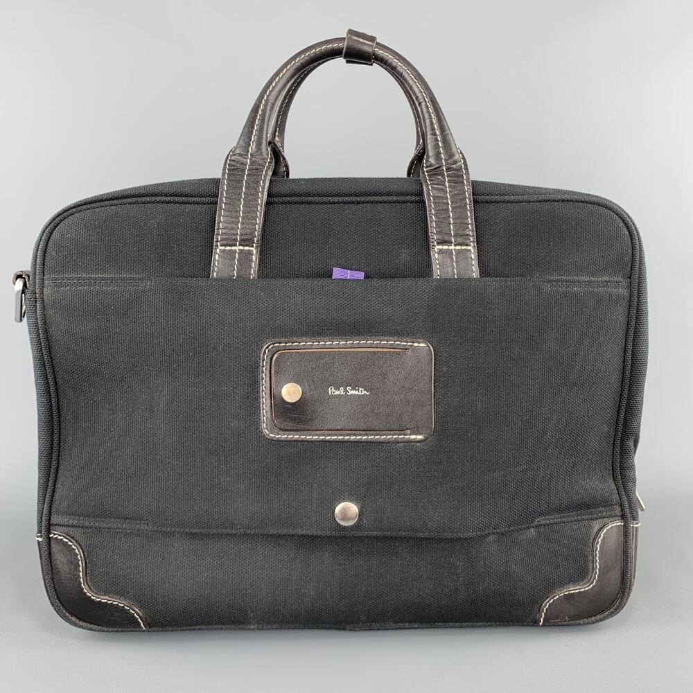 PAUL SMITH Contrast Stitch Black Canvas Leather Trim Work Bag